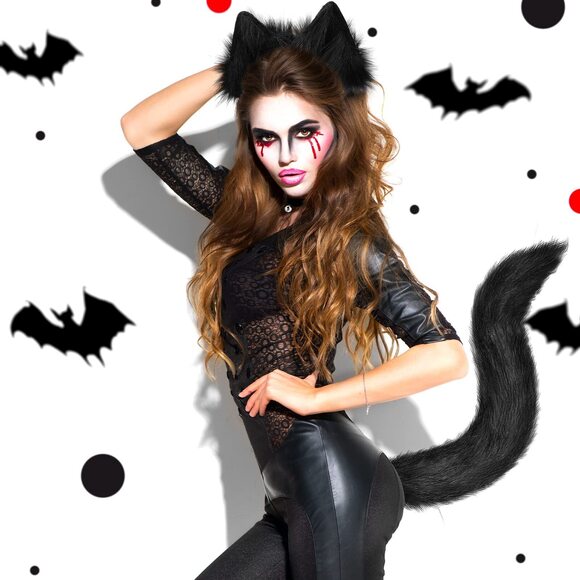 2372 3 Pieces Halloween Cat Costume Set For Black Faux Fur Cat - Picture 5 of 7